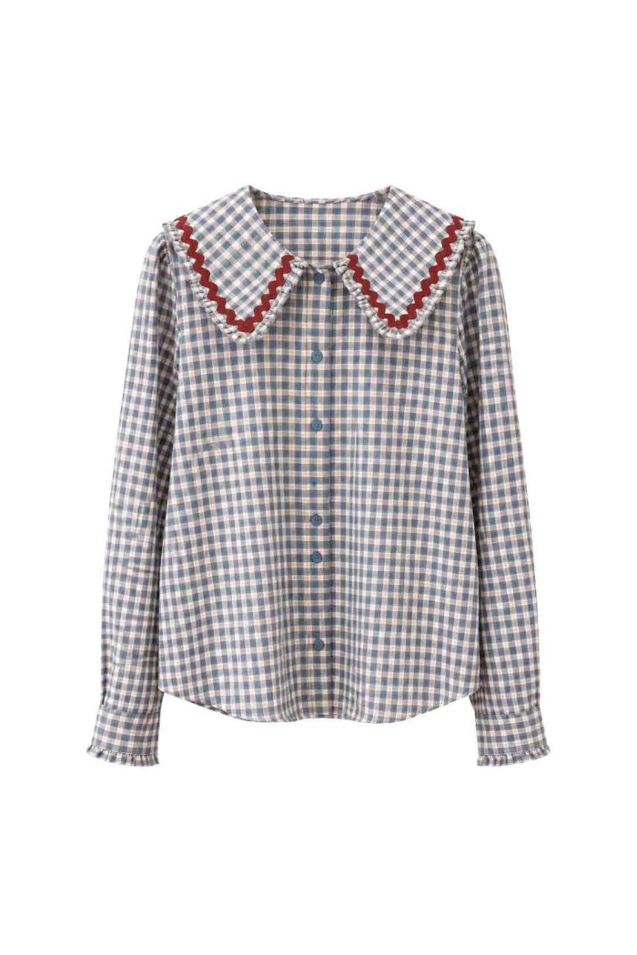 Blusa De Cuadros Con Cuello Grande Y Volantes FBZMR22491