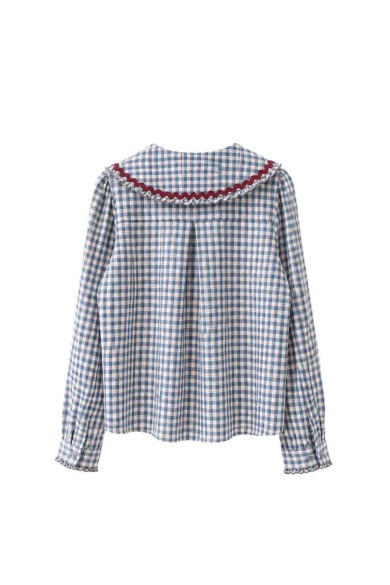 Blusa De Cuadros Con Cuello Grande Y Volantes FBZMR22491