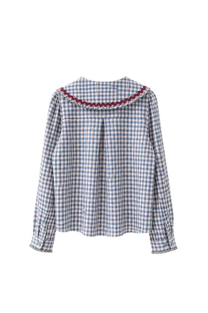 Blusa De Cuadros Con Cuello Grande Y Volantes FBZMR22491