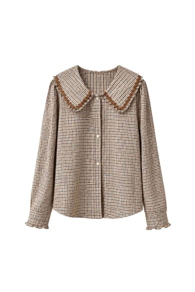 Blusa De Cuadros Con Cuello Grande Y Volantes FBZMR22494