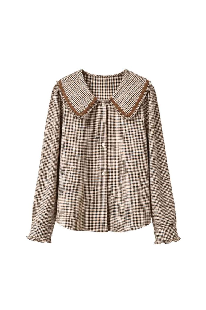 Blusa De Cuadros Con Cuello Grande Y Volantes FBZMR22494