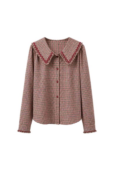 Blusa De Cuadros Con Cuello Grande Y Volantes FBZMR22493