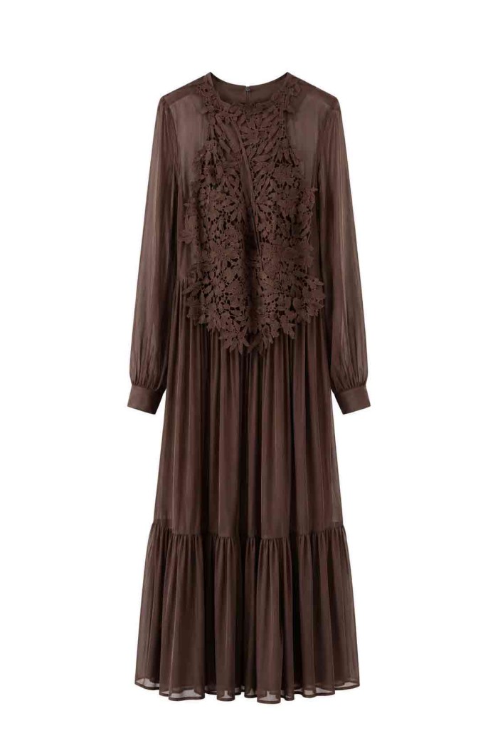 Vestido Largo De Gasa Con Encaje Floral FBZMA1695