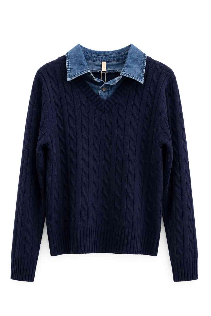 Jersey De Punto Trenzado Con Cuello Vaquero FBZMQ6824