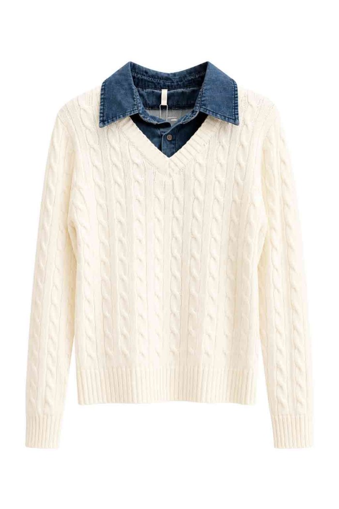 Jersey De Punto Trenzado Con Cuello Vaquero FBZMQ6823
