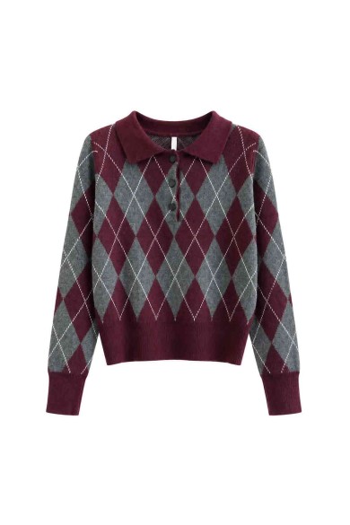 Jersey De Punto Con Cuello Polo Y Estampado De Rombos FBZMQ6802