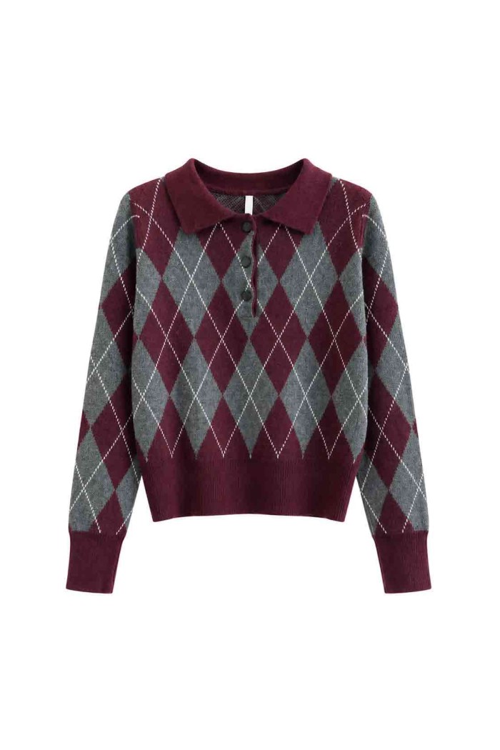Jersey De Punto Con Cuello Polo Y Estampado De Rombos FBZMQ6802