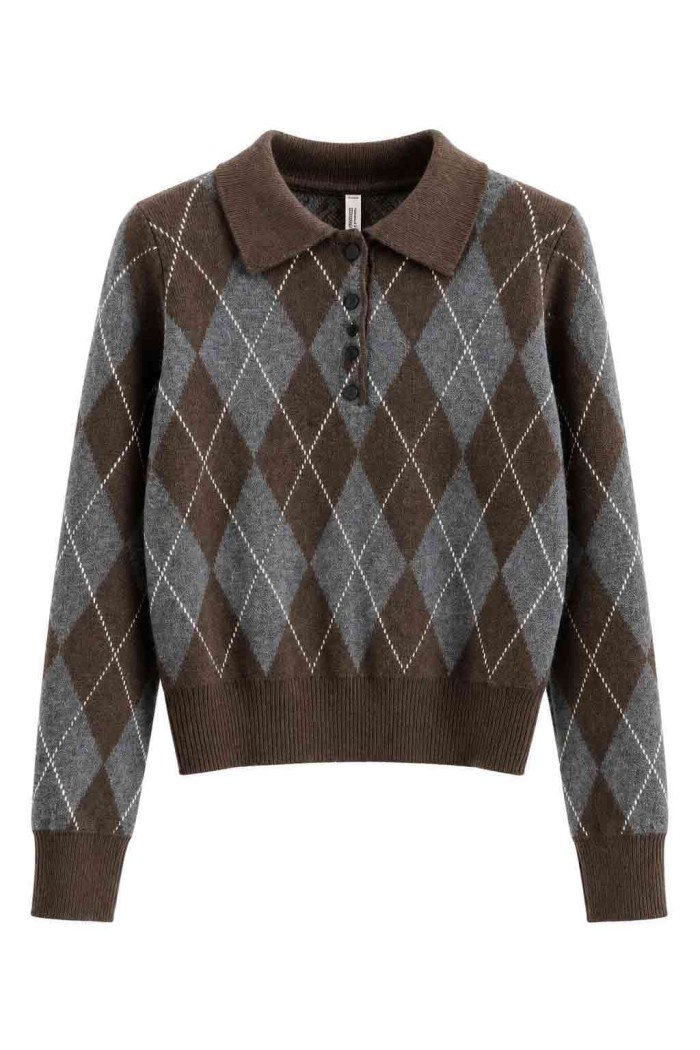 Jersey De Punto Con Cuello Polo Y Estampado De Rombos FBZMQ6803