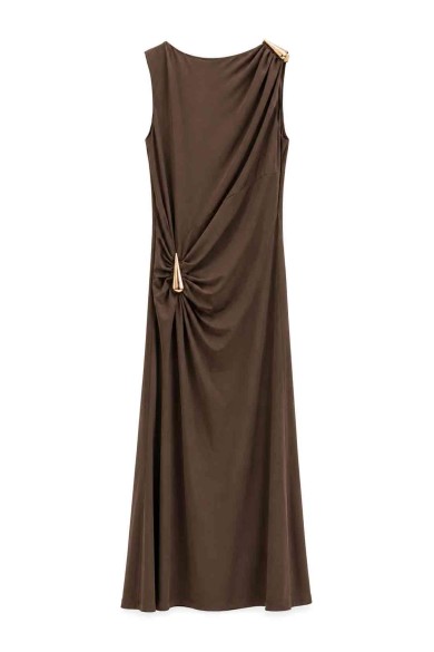 VESTIDO LARGO DRAPEADO CON DETALLE DORADO FBZMA1756