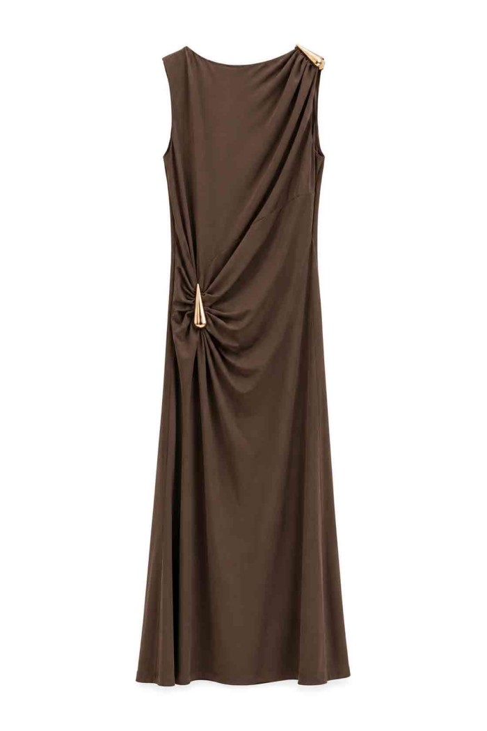 VESTIDO LARGO DRAPEADO CON DETALLE DORADO FBZMA1756