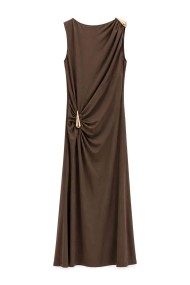VESTIDO LARGO DRAPEADO CON DETALLE DORADO FBZMA1756