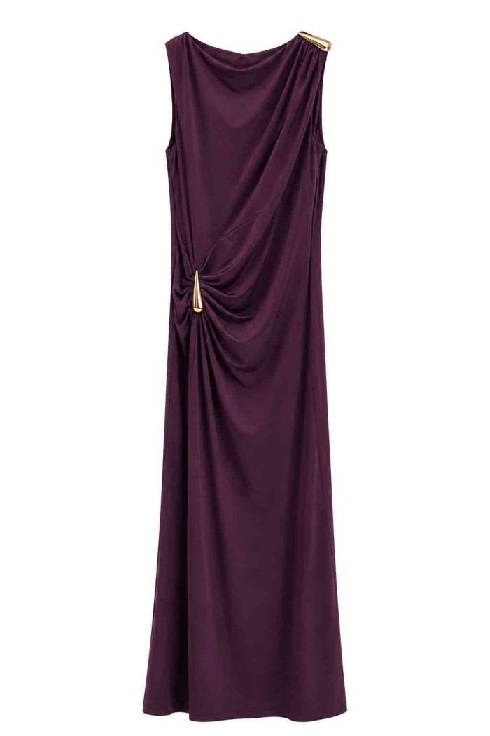 VESTIDO LARGO DRAPEADO CON DETALLE DORADO FBZMA1755