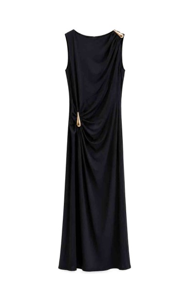 VESTIDO LARGO DRAPEADO CON DETALLE DORADO FBZMA1757