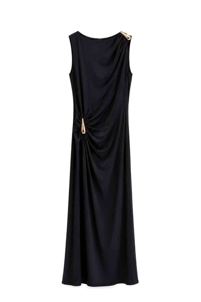 VESTIDO LARGO DRAPEADO CON DETALLE DORADO FBZMA1757