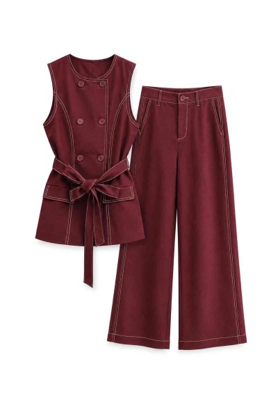 CONJUNTO CHALECO DOBLE BOTONADURA CON CINTURÓN Y PANTALÓN PALAZZO FBZMA1737AB