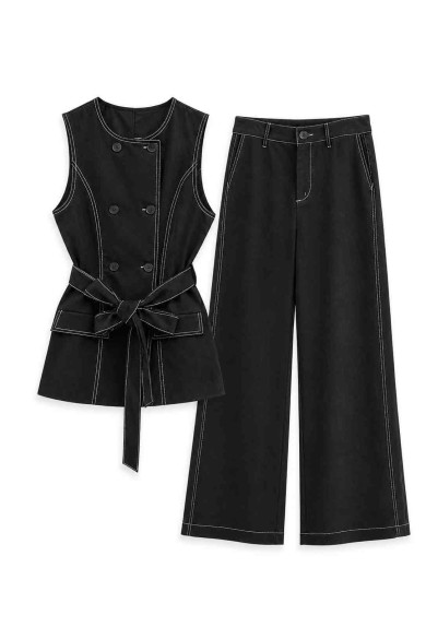 CONJUNTO CHALECO DOBLE BOTONADURA CON CINTURÓN Y PANTALÓN PALAZZO FBZMA1738AB