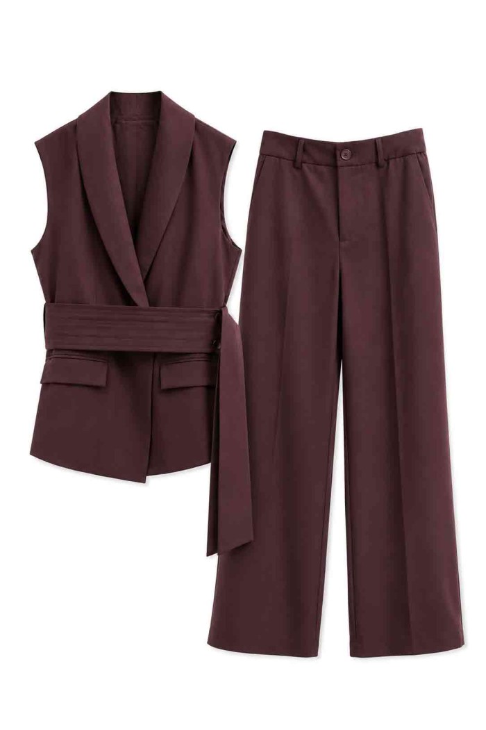 CONJUNTO CHALECO CRUZADO CON CINTURÓN Y PANTALÓN PALAZZO FBZMA1763AB