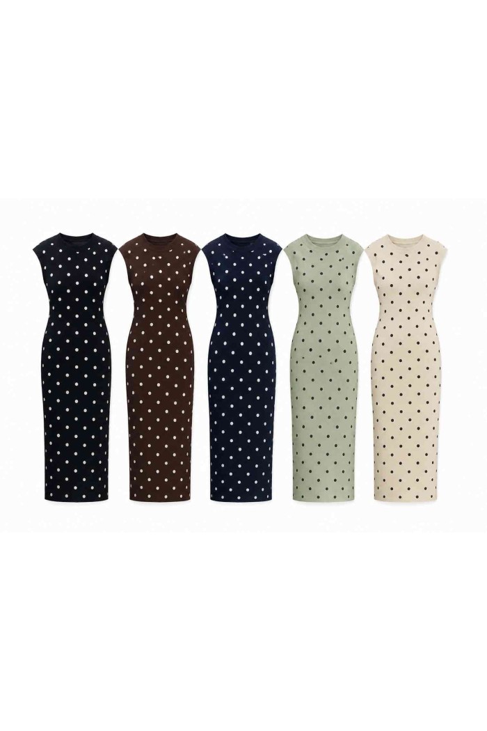 VESTIDO MIDI DE PUNTO SIN MANGAS CON LUNARES VARIOS COLORES TB-SF8617
