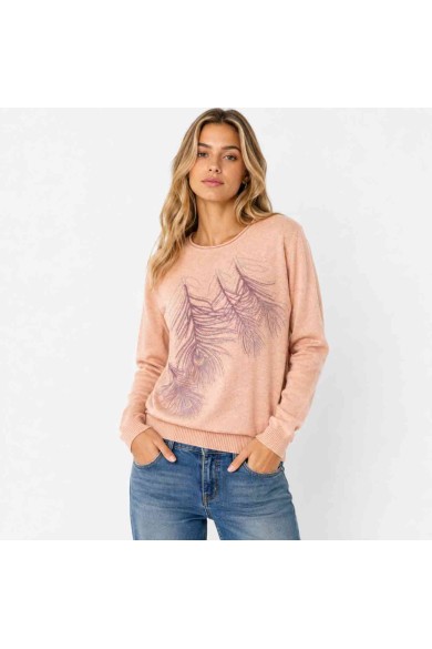 JERSEY MUJER MANGA LARGA CON ESTAMPADO DE PLUMAS Y BRILLOS TALLA GRANDE TB1517