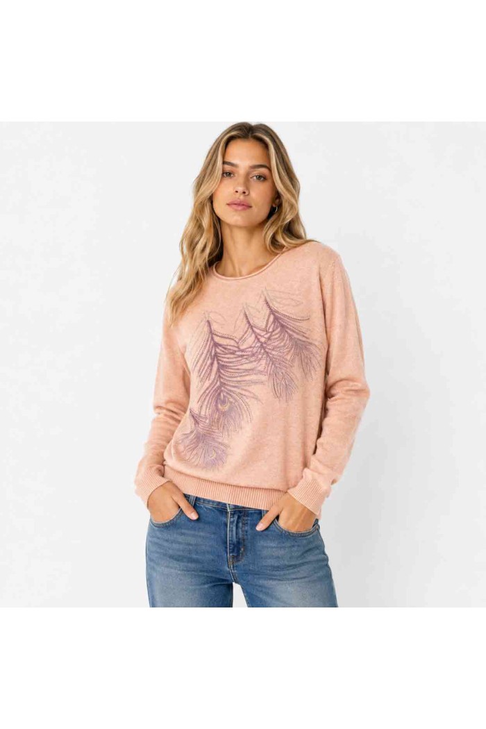 JERSEY MUJER MANGA LARGA CON ESTAMPADO DE PLUMAS Y BRILLOS TALLA GRANDE TB1517