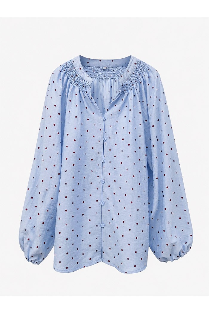 BLUSA DE LUNARES CON FRUNCES Y MANGA ABULLONADA TY-M9608