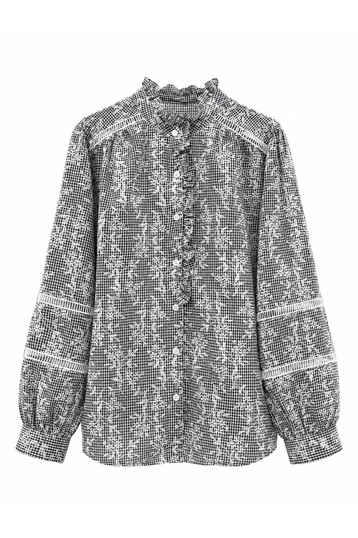 BLUSA DE CUADROS CON BORDADO Y VOLANTES TY-M9603