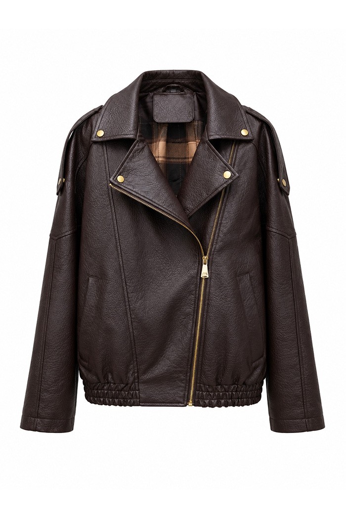 CHAQUETA BIKER DE POLIPIEL CON CREMALLERA MARRON TY-M9596