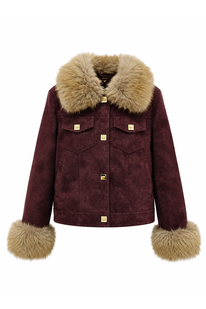 CHAQUETA DE ANTELINA CON CUELLO Y PUÑOS DE PELO SINTETICO GRANATE TY-M9563