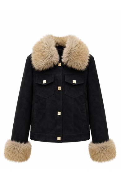 CHAQUETA DE ANTELINA CON CUELLO Y PUÑOS DE PELO SINTETICO NEGRO TY-M9563
