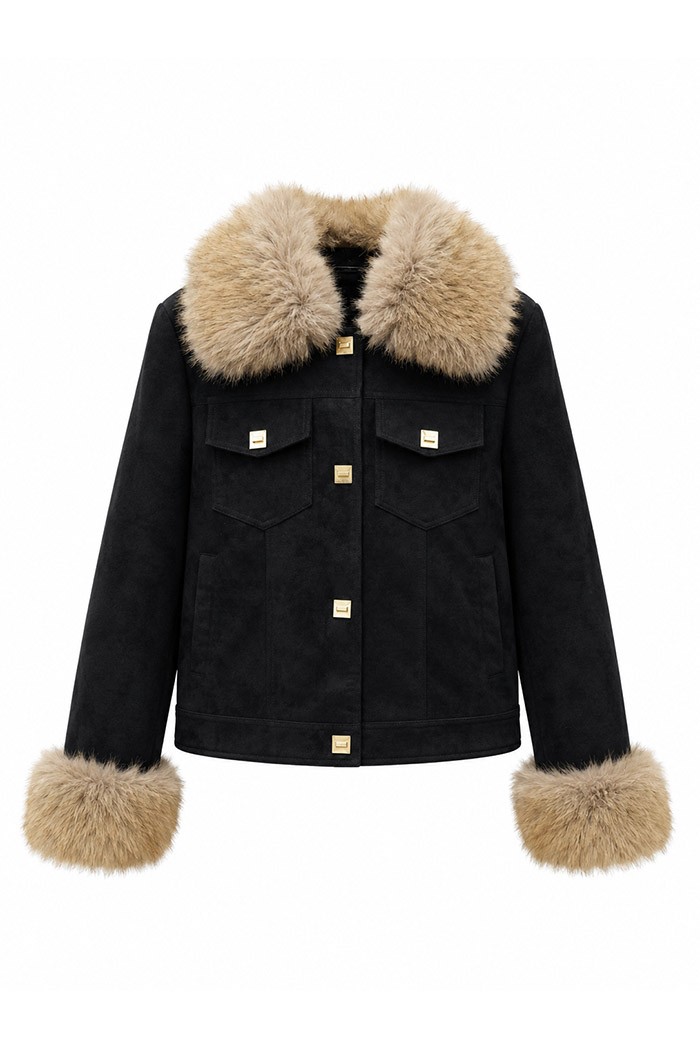 CHAQUETA DE ANTELINA CON CUELLO Y PUÑOS DE PELO SINTETICO NEGRO TY-M9563