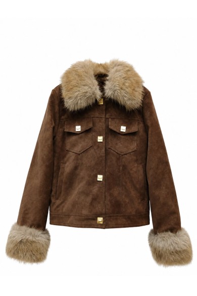CHAQUETA DE ANTELINA CON CUELLO Y PUÑOS DE PELO SINTETICO CAFE TY-M9563