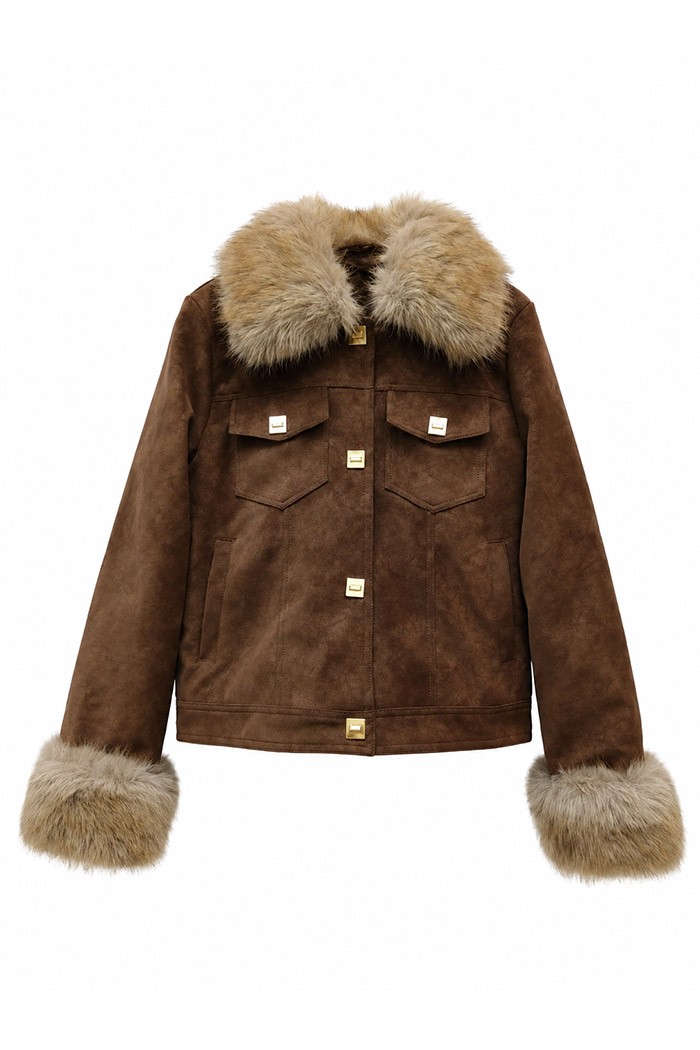 CHAQUETA DE ANTELINA CON CUELLO Y PUÑOS DE PELO SINTETICO CAFE TY-M9563