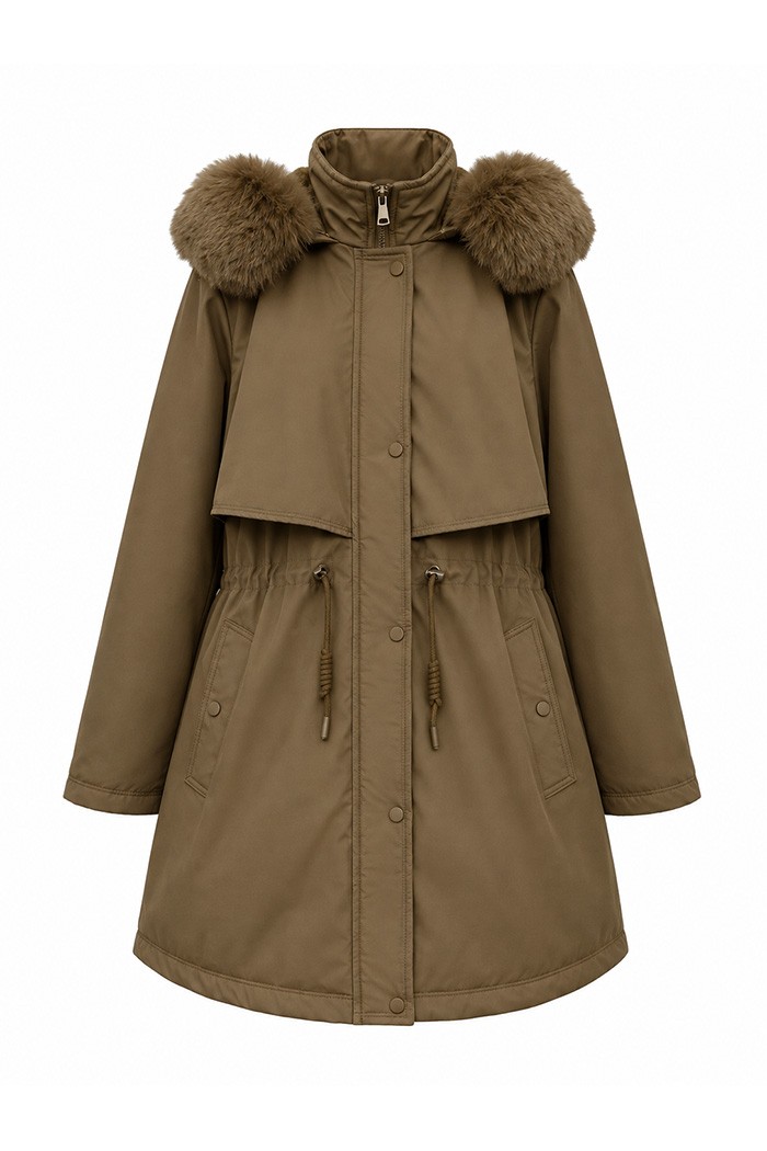 PARKA DE MUJER CON CAPUCHA Y DETALLE DE PELO SINTETICO CAMEL TY-M9162