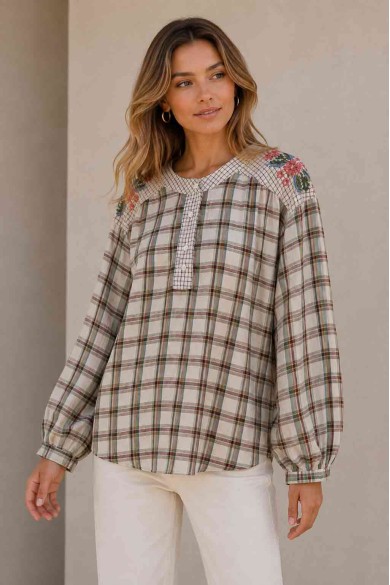 BLUSA DE CUADROS CON BORDADO FLORAL TB1D2208