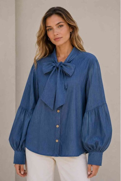 BLUSA EFECTO DENIM CON LAZO Y MANGA ABULLONADA TB1D2332