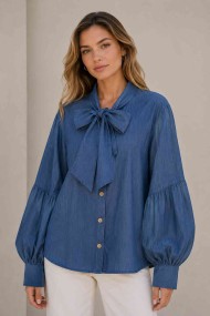 BLUSA EFECTO DENIM CON LAZO Y MANGA ABULLONADA TB1D2332