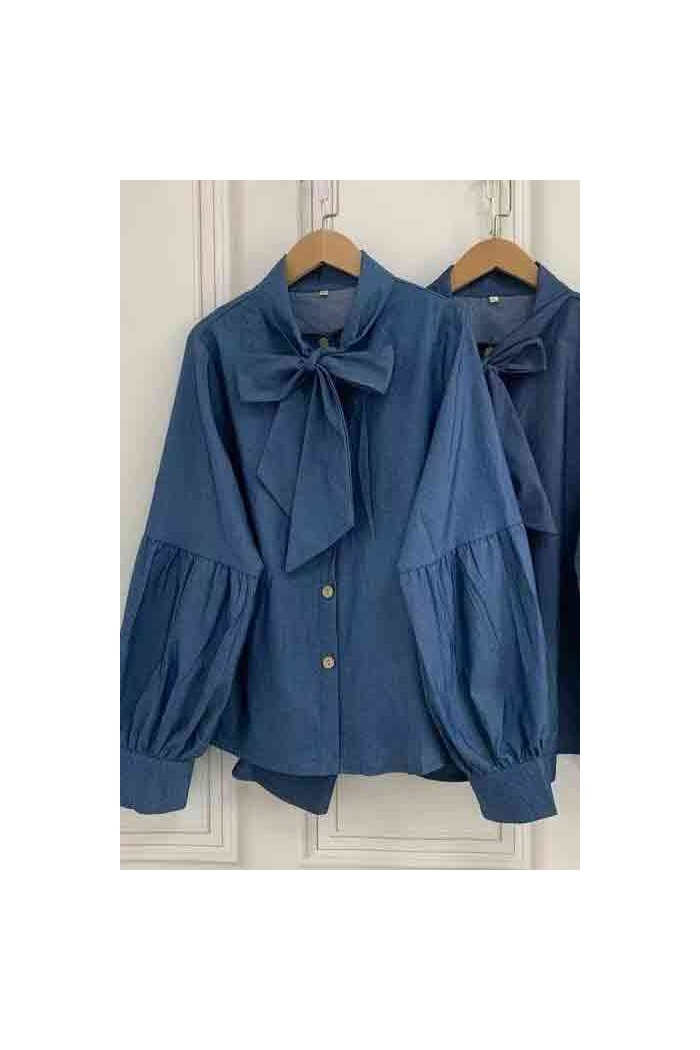BLUSA EFECTO DENIM CON LAZO Y MANGA ABULLONADA TB1D2332