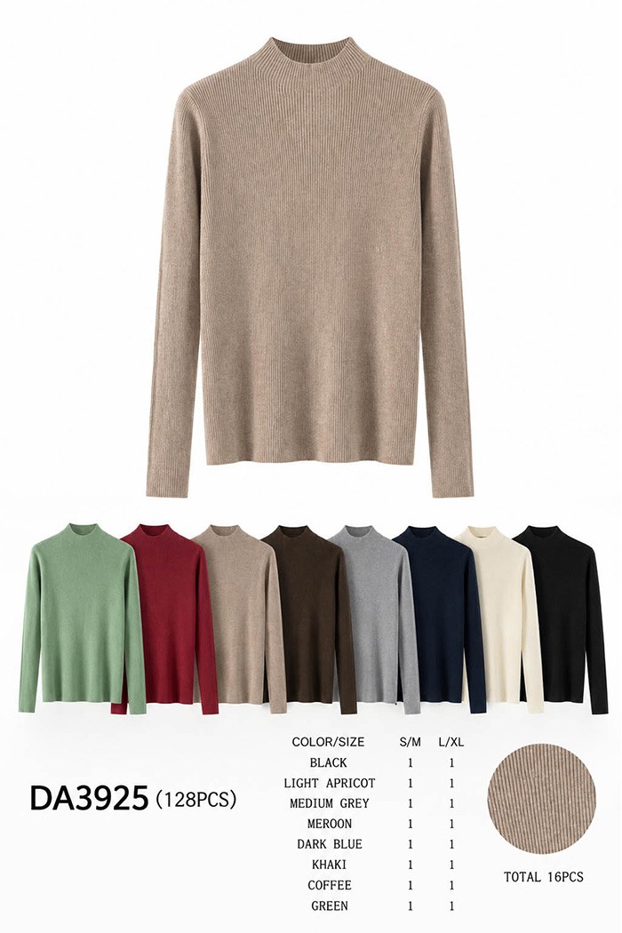JERSEY DE PUNTO CANALÉ CON CUELLO ALTO MANGA LARGA VARIOS COLORES TBDA3925