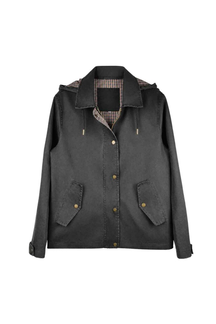 CHAQUETA CORTA CON CAPUCHA Y FORRO DE CUADROS PARA MUJER TY-Z68835