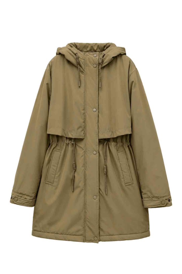 PARKA LARGA CON CAPUCHA Y CINTURA AJUSTABLE PARA MUJER KAKI TY-M9329