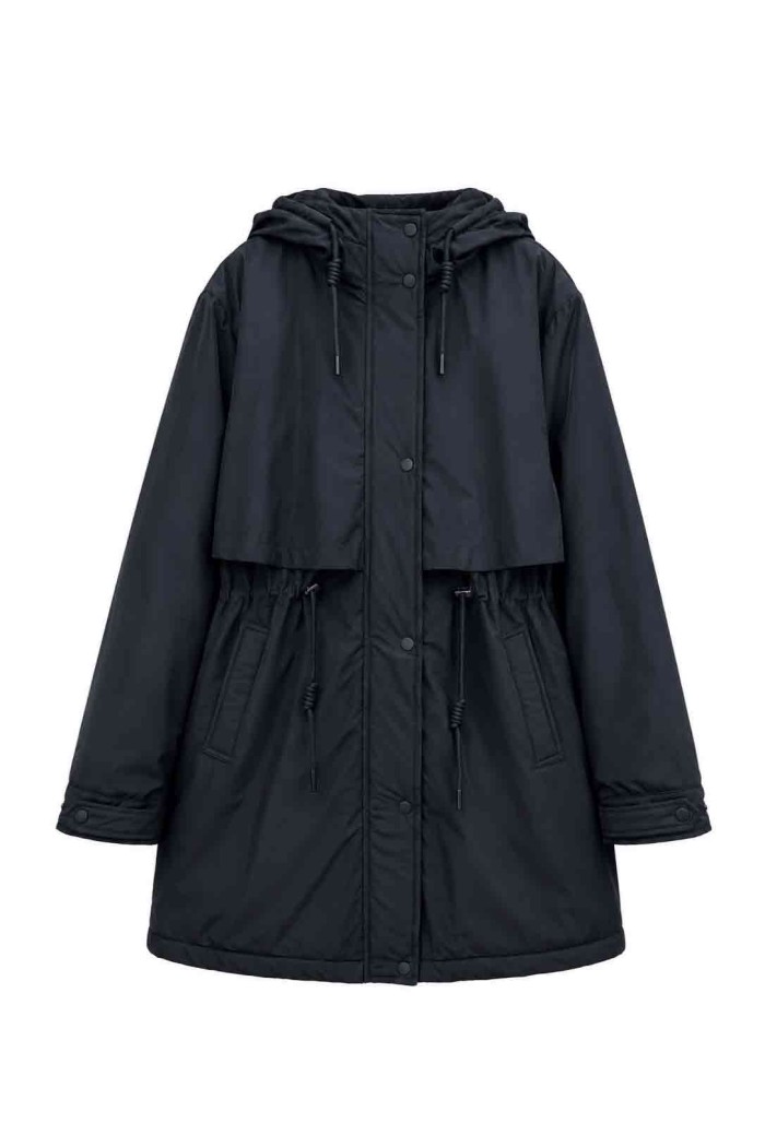 PARKA LARGA CON CAPUCHA Y CINTURA AJUSTABLE PARA MUJER NEGRO TY-M9329