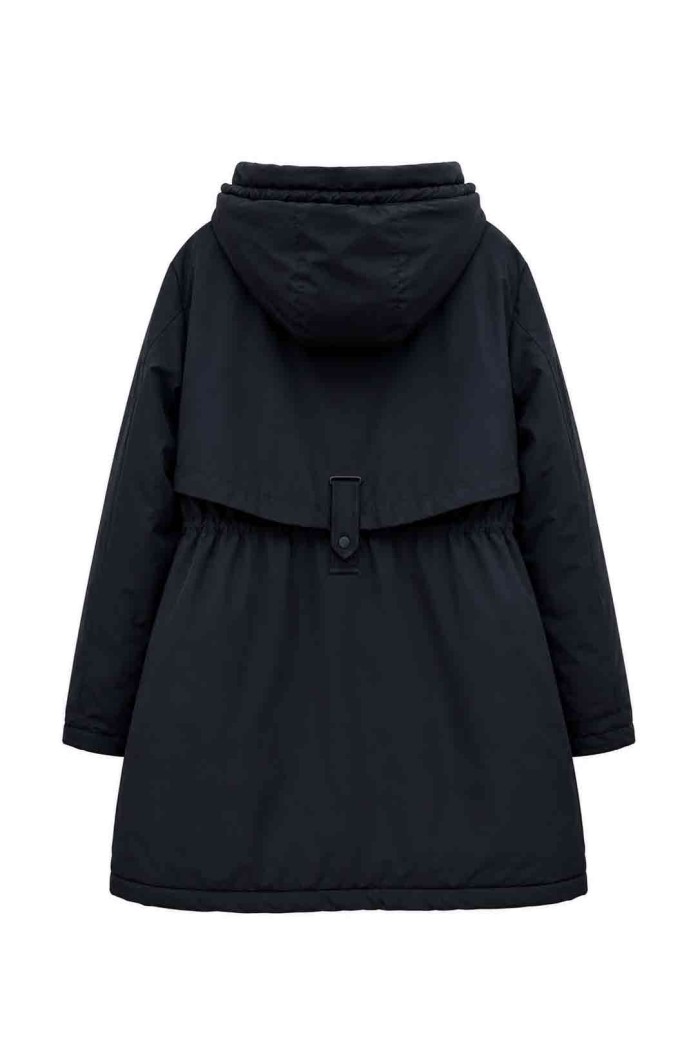 PARKA LARGA CON CAPUCHA Y CINTURA AJUSTABLE PARA MUJER NEGRO TY-M9329