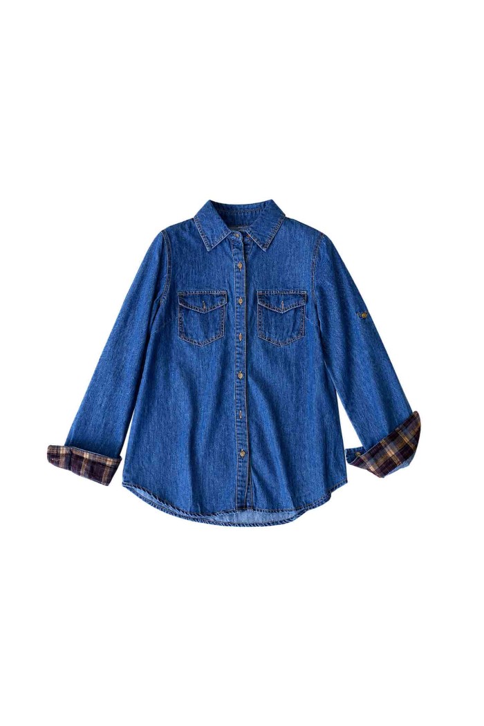 CAMISA VAQUERA CON BOLSILLOS Y PUÑOS A CUADROS PARA MUJER TY-W00601