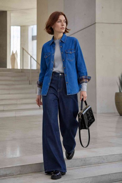 CAMISA VAQUERA CON BOLSILLOS Y PUÑOS A CUADROS PARA MUJER TY-W00601
