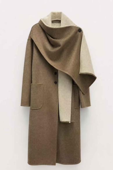 ABRIGO LARGO DE LANA BICOLOR CON BUFANDA INCORPORADA FBZMWS16498 CAMEL