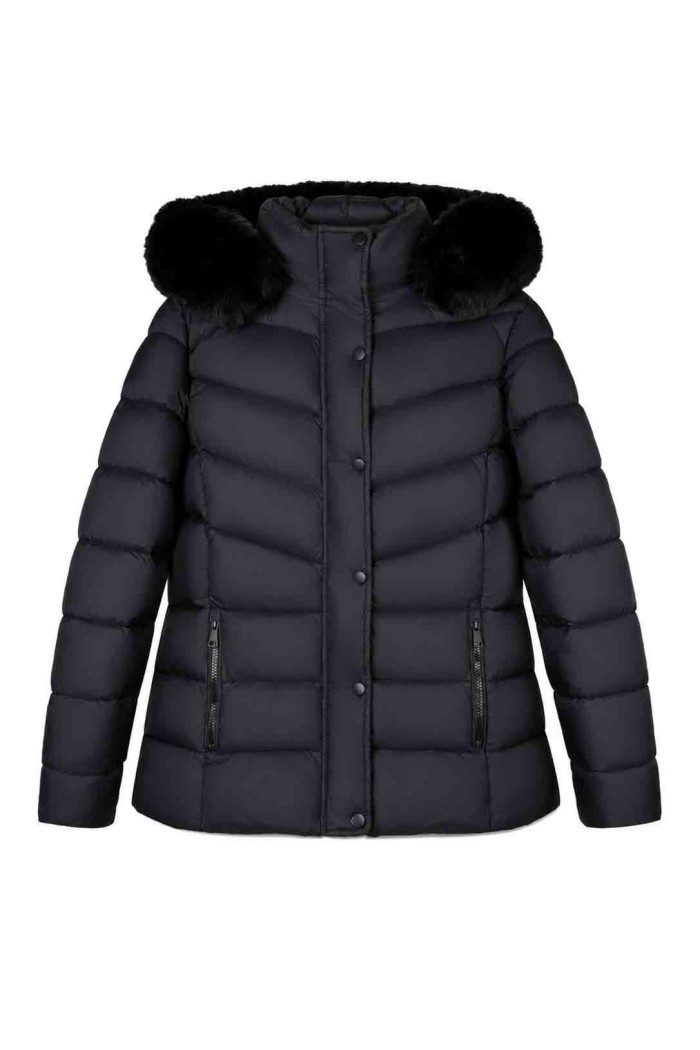 CHAQUETA TALLA GRANDE ACOLCHADA CON CAPUCHA Y PELO SINTÉTICO NEGRO TY-Z68865