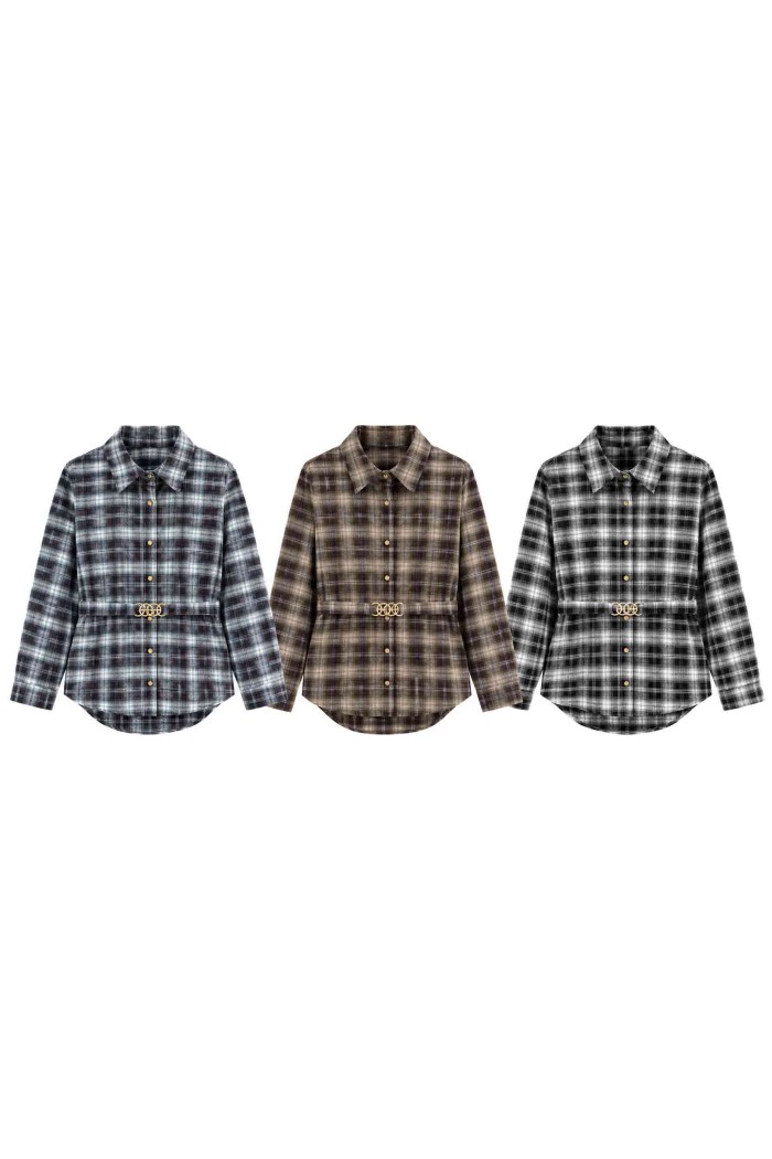CAMISA DE ALGODÓN A CUADROS CON CINTURÓN TBX6526