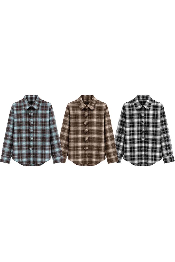 CAMISA DE CUADROS CON BRILLO Y BOTONES DECORATIVOS TBX6516