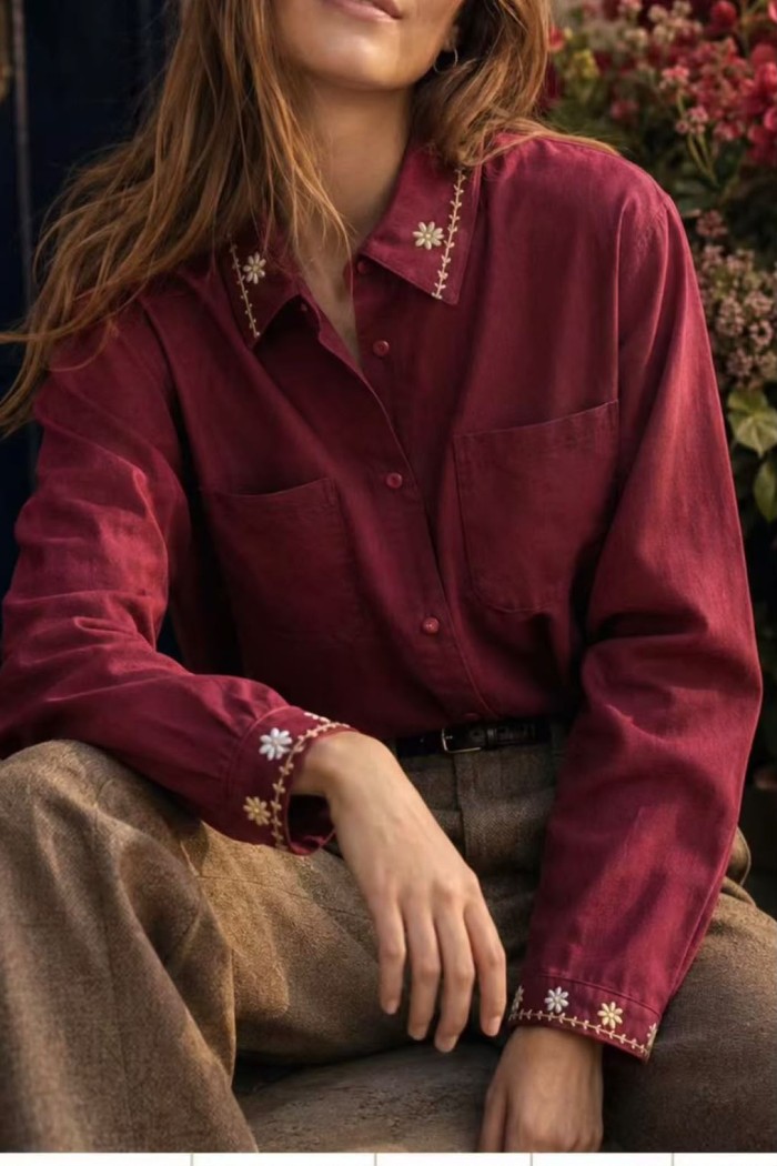CAMISA EFECTO PANA CON BORDADO DE FLORES VARIOS COLORES TBX6539