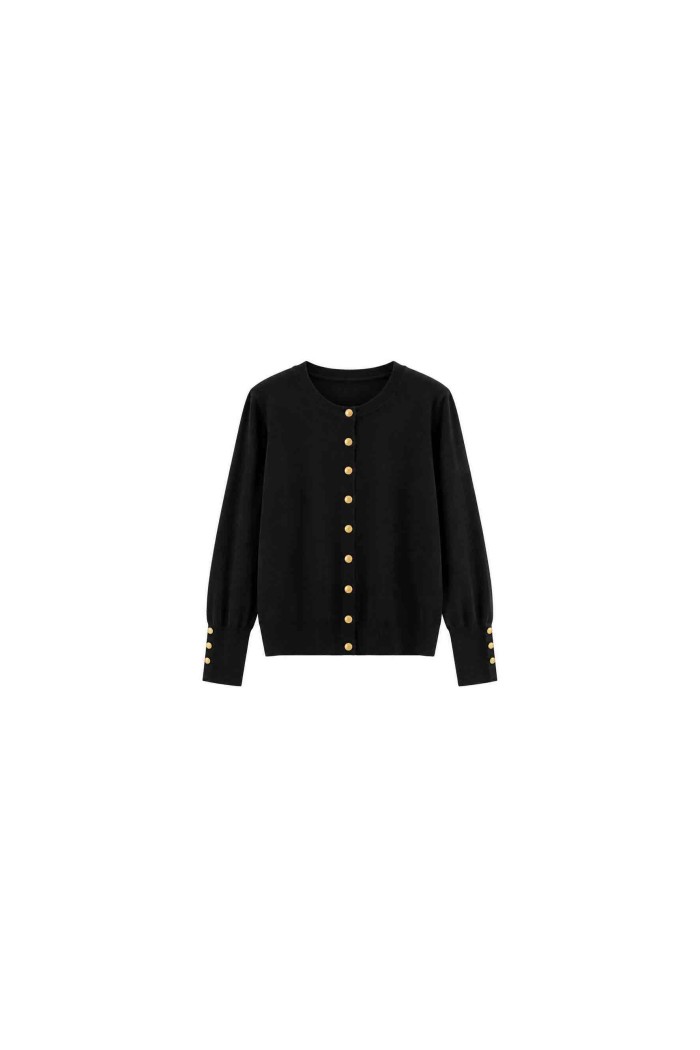 CÁRDIGAN NEGRO DE PUNTO CUELLO REDONDO CON BOTONES DORADOS TBDA3741-1